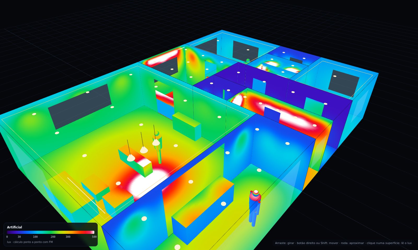 Vista 3D do apartamento com mapa de iluminância em falsa cor