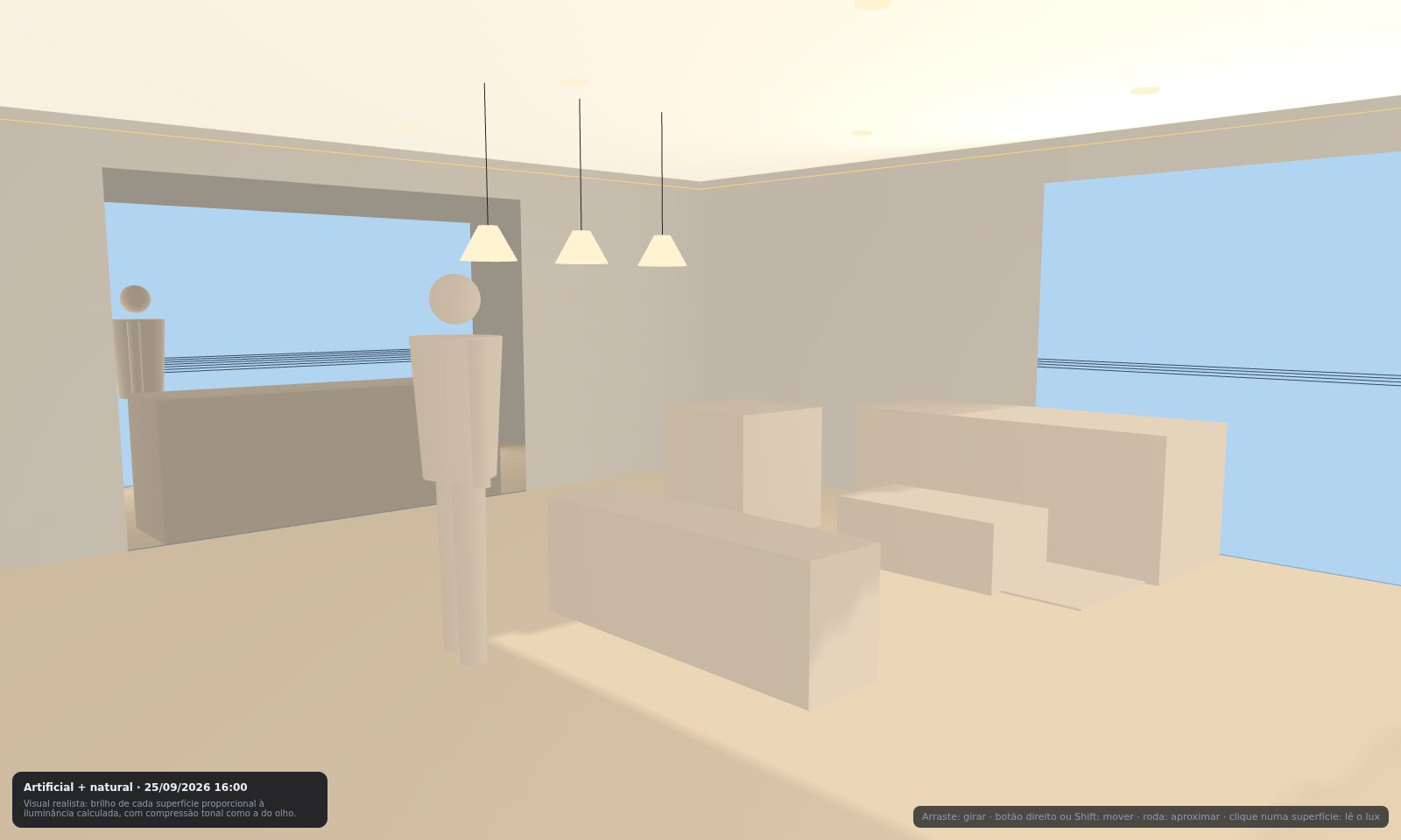 Vista interior realista com luz do sol e luminárias